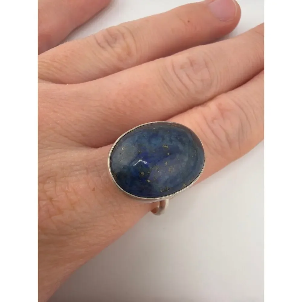 Sterling Silver Oval Lapis Lazuli Calcite Pyrite Ring Size 9
